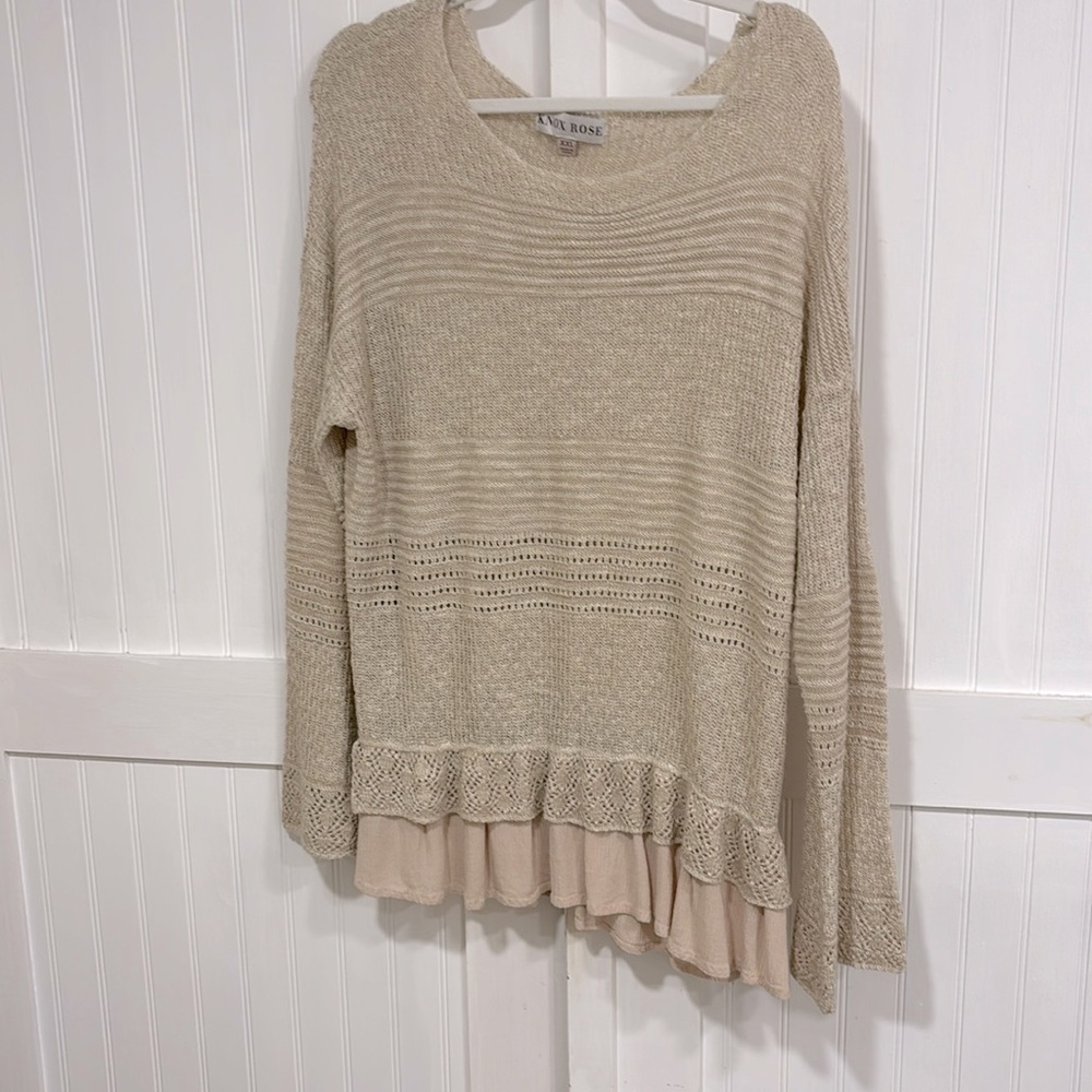Knox Rose: scoop neck beige knit sweater W/under skirted hem size XXL